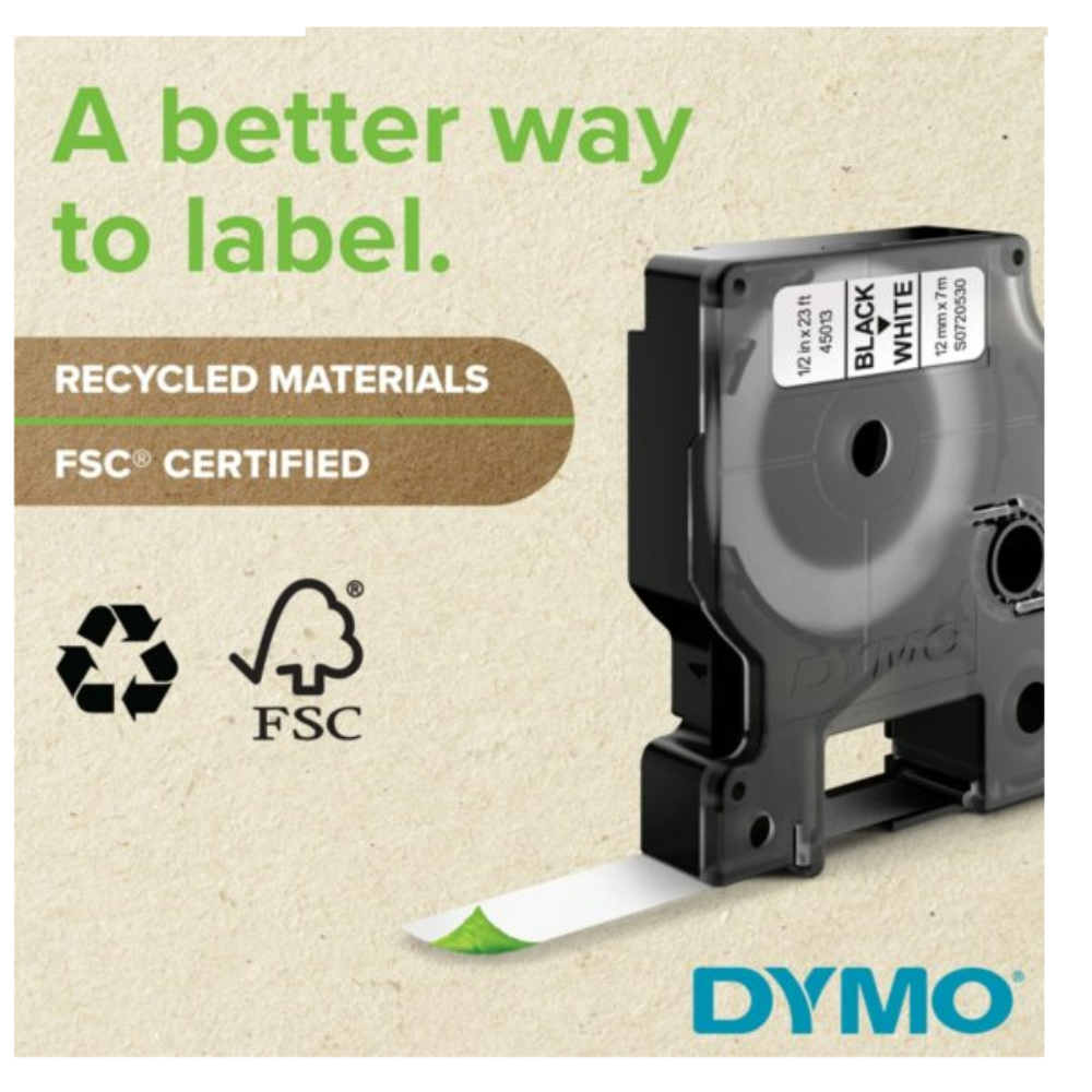 Cinta Dymo D1 Labelmanager Standard color texto Negro fondo Blanco 12mm x 7m 45013