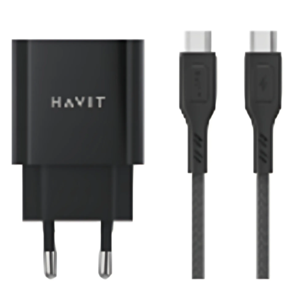 Cargador Havit 20 Watts con 1 Puerto USB-A y 1 Puerto USB-C incluye cable USB-C a USB-C de 1 Metro PD60W UC233 EU-BK