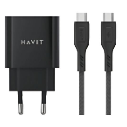 Cargador Havit 20 Watts con 1 Puerto USB-A y 1 Puerto USB-C incluye cable USB-C a USB-C de 1 Metro PD60W UC233 EU-BK