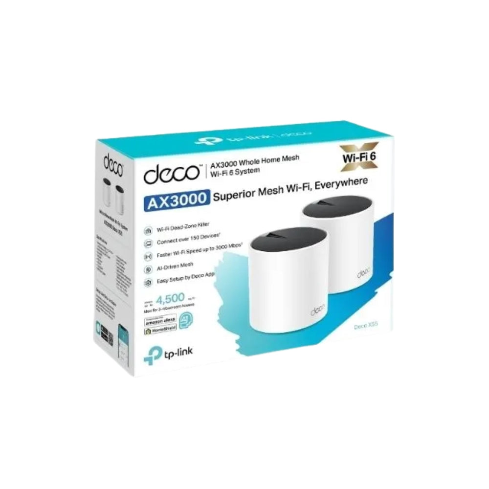 Set de 2 Piezas Sistema WiFi6 Mesh TP-Link AX3000 3 Puertos Gigabit Router AP Roaming Conexiones sin Lag Control Parental DECO X55(2-PACK)
