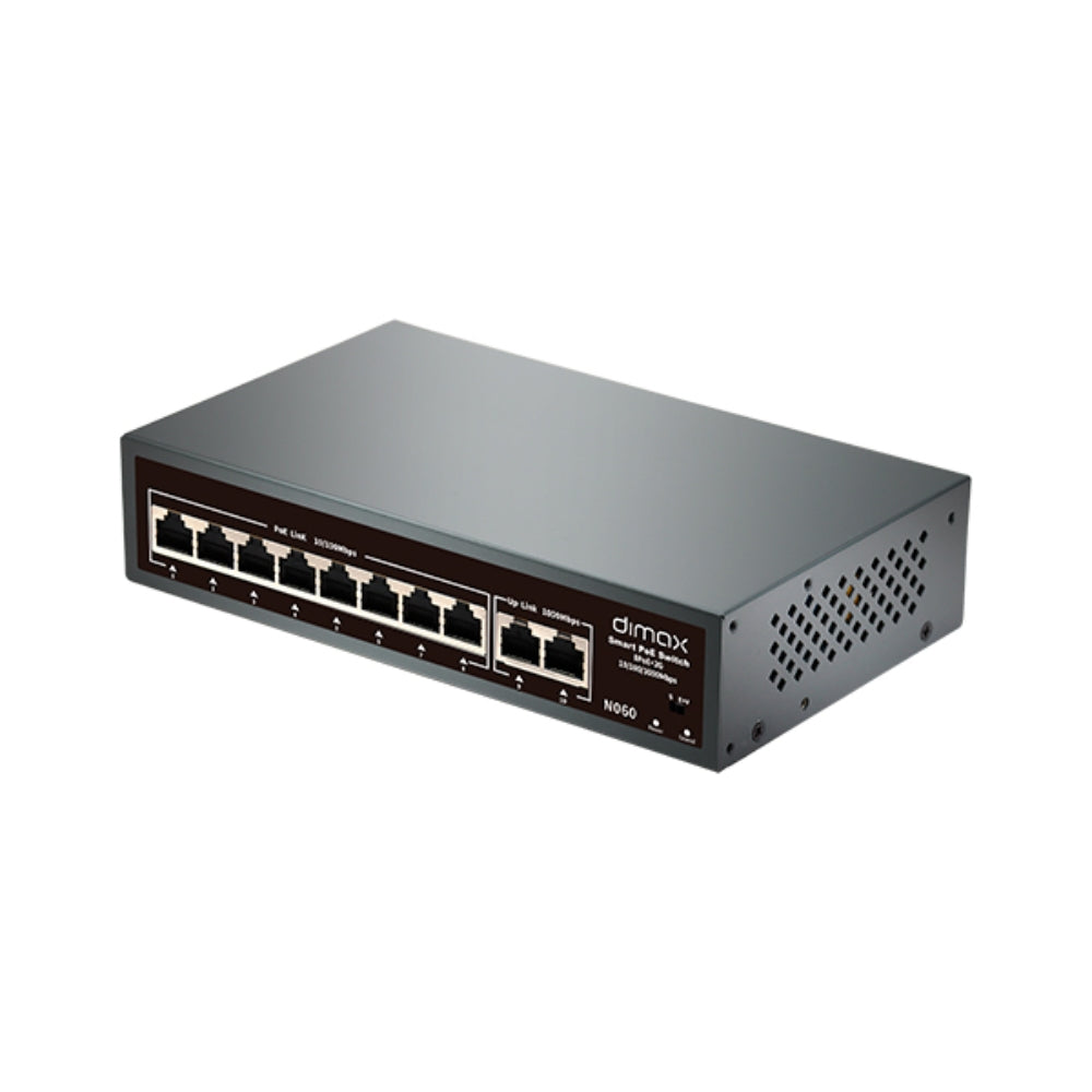 Switch Dimax de 8 Puertos 100Mbps 802.3AF/AT POE hasta 30W por puerto + 2 Enlaces UpLink 1Gbps N060