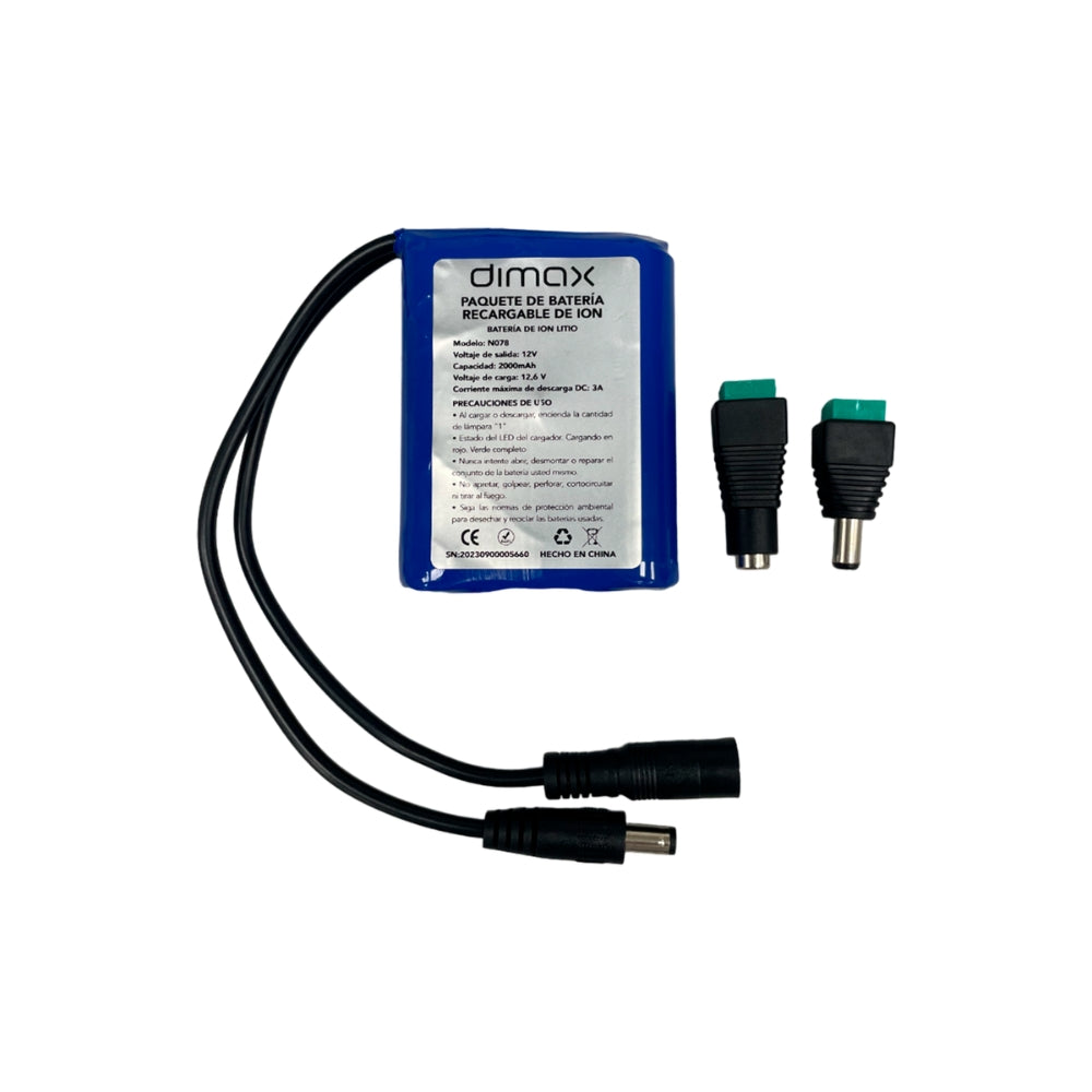 Bateria de Litio Dimax con Conector 12V 2Amp Incluye Conectores Multiple Uso Funciona para Equipos de CCTV N078