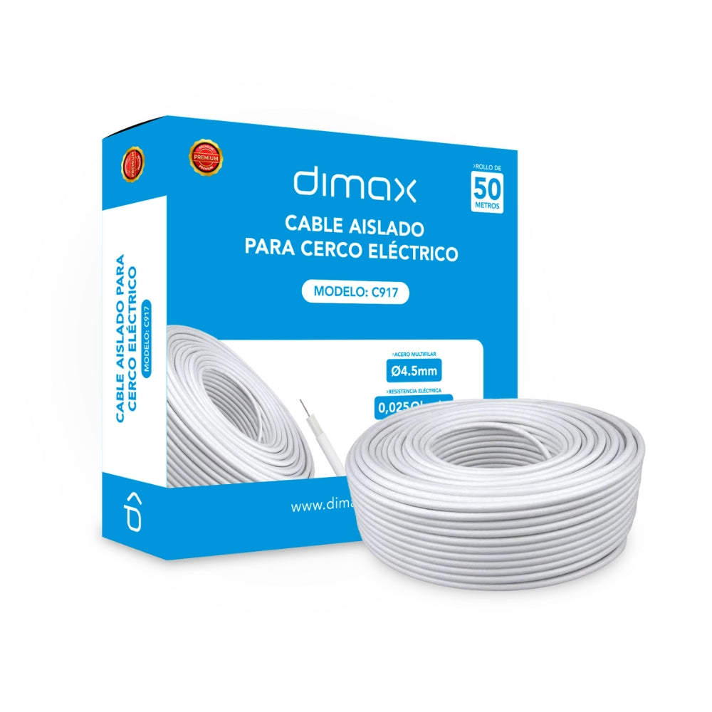 Cable Aislado Dimax para Cerca Electrica Aislacion Alta Densidad Doble Capa Diametro 4.5mm Cable de 10 hebras Rollo de 50M C917