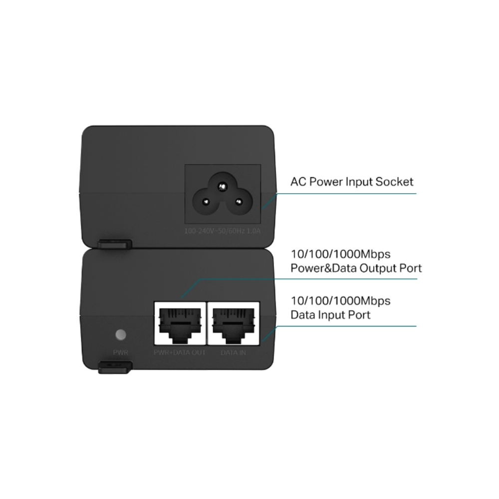 Inyector PoE+ TP-Link Norma 802.3AF 48Vdc 2 Puertos Gigabit Alcance 100Metros Incluye Adaptador de Voltaje POE160S