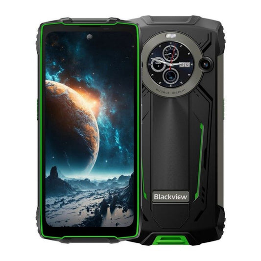 Celular Blackview Pantalla Dual 6.56" IPS FHD 120Hz 1080x2400p Sec. 1.3" WQVGA Camara 50MP/32MP Procesador MT8781 Octa-core 2.2GHz RAM 12GB Memoria 256GB Bateria 8800mAh carga rapida 45Watts Android 14 Color Negro+Verde BV8200-GREEN