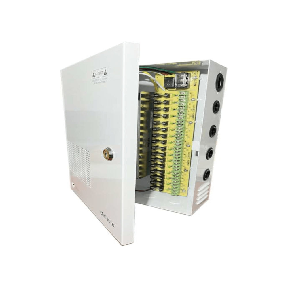Fuente Supervisada Dimax 12Vdc 25Amp con 16 Salidas para Camaras Caja Metalica Fusible General y por Canal Proteccion contra Cortocircuito M010