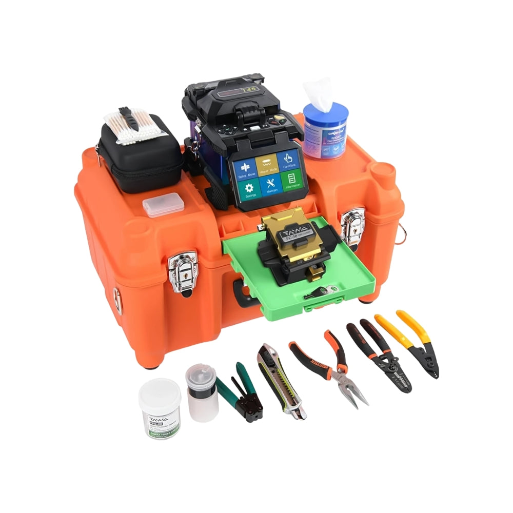 Fusionadora de Fibra Optica Orientek Pantalla Tactil 4.3" 5mm Bateria de Litio Empalme Rapido 5Seg Estandar 7Seg Comp 0.25/0.9/3.0mm Flat/Drop Comunicacion USB T45