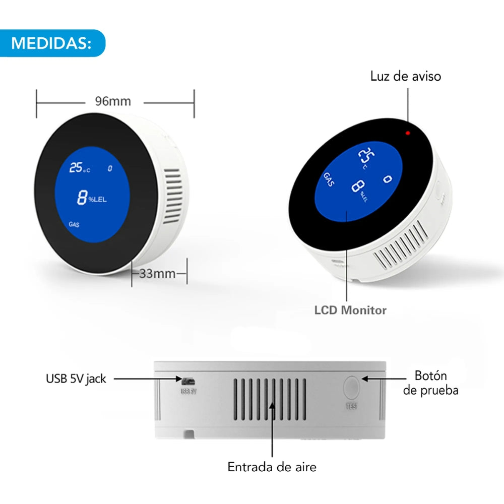 Sensor Detector de Gas Dimax Inteligente WiFi Detecta GLP GNC Deteccion 360° Pantalla LCD Vida Util Sensor 3 años Alarma Integrada 90dB Alimentacion Micro USB DMS-GS04-W