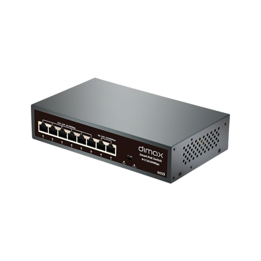 Switch Dimax de 6 Puertos 100Mbps 802.3AF/AT POE hasta 30W por puerto + 2 Enlaces UpLink 100Mbps N059