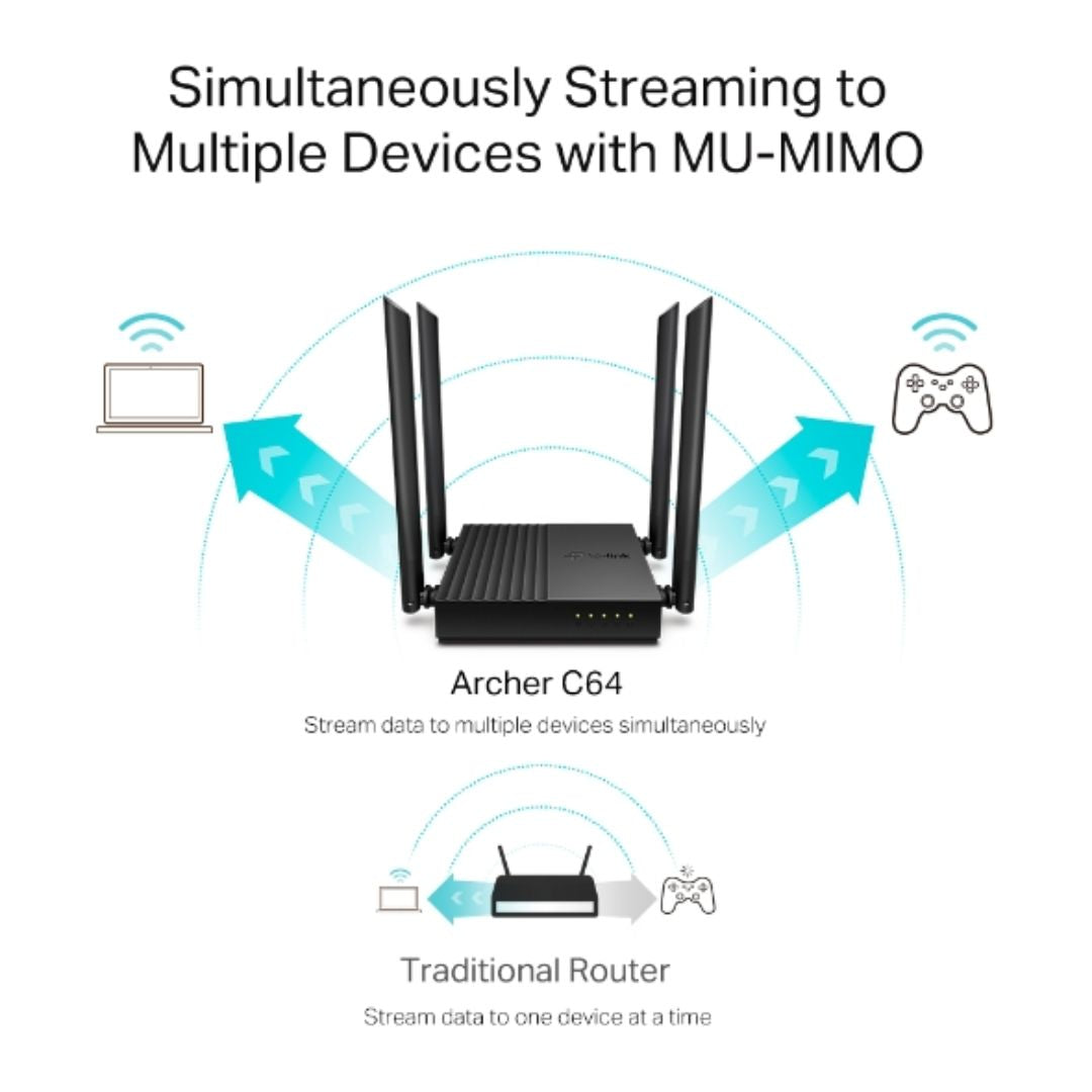 Router TP-Link Inalambrico AC1200 MultiModo 3en1 4 Antenas Doble Banda 2.4 y 5GHz 1xWAN 4xLAN Giga MU-MIMO Archer C64