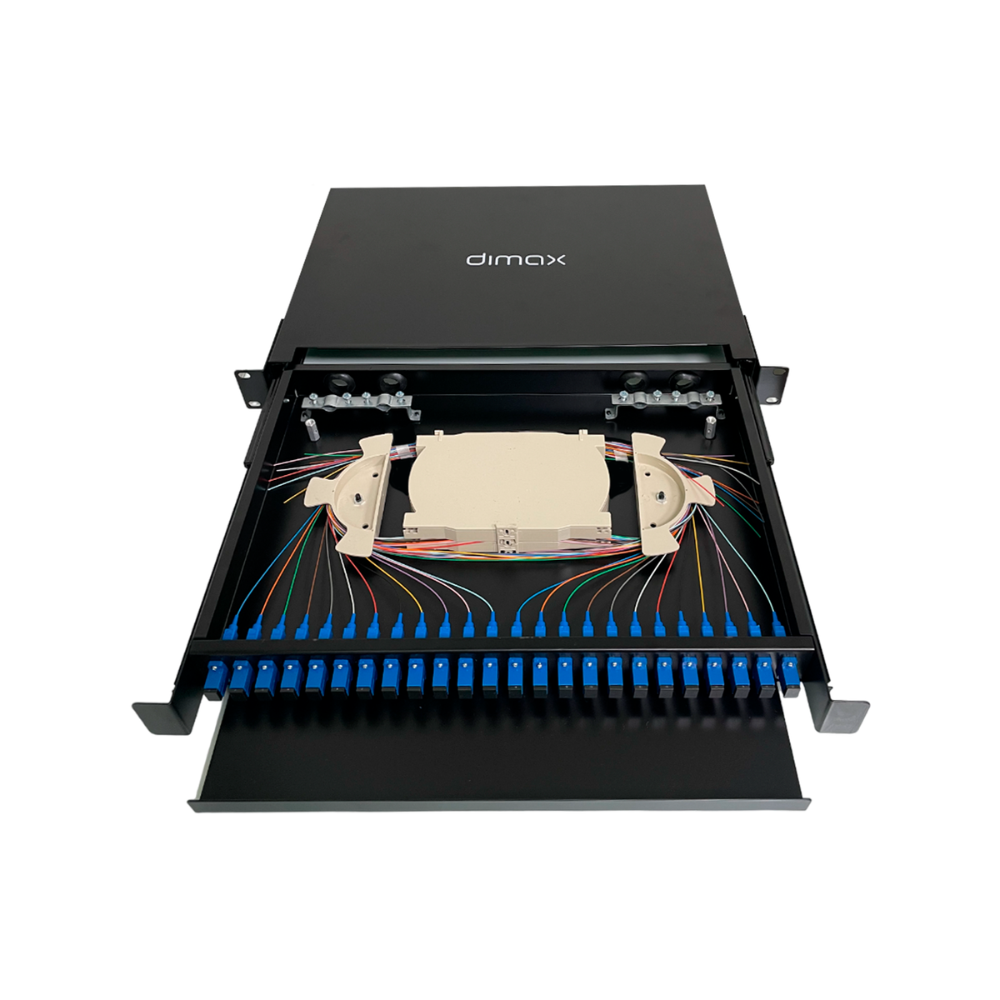 Patch Panel ODF Dimax 1U 24 Puertos Compatible con Adaptador Simplex SC LC Incluye Cassetera color Negro C735