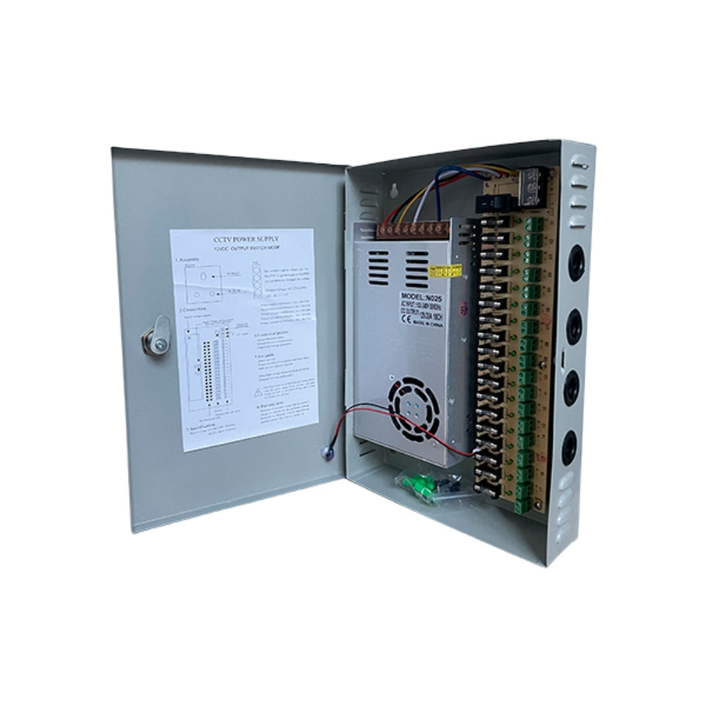 Fuente Supervisada Dimax 12Vdc 30Amp con 18 Salidas para Camaras Caja Metalica Fusible General y por Canal N025