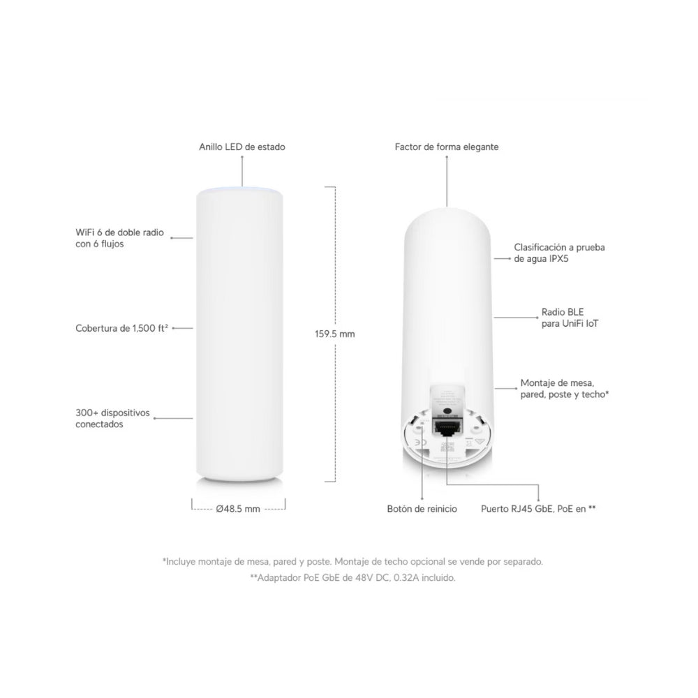 Access Point Ubiquiti WiFi6 Unifi Mesh Doble Banda MIMO 4x4 Full Duplex 802.3AT 8 SSIDs Semi Interior IP54 UB-U6-MESH