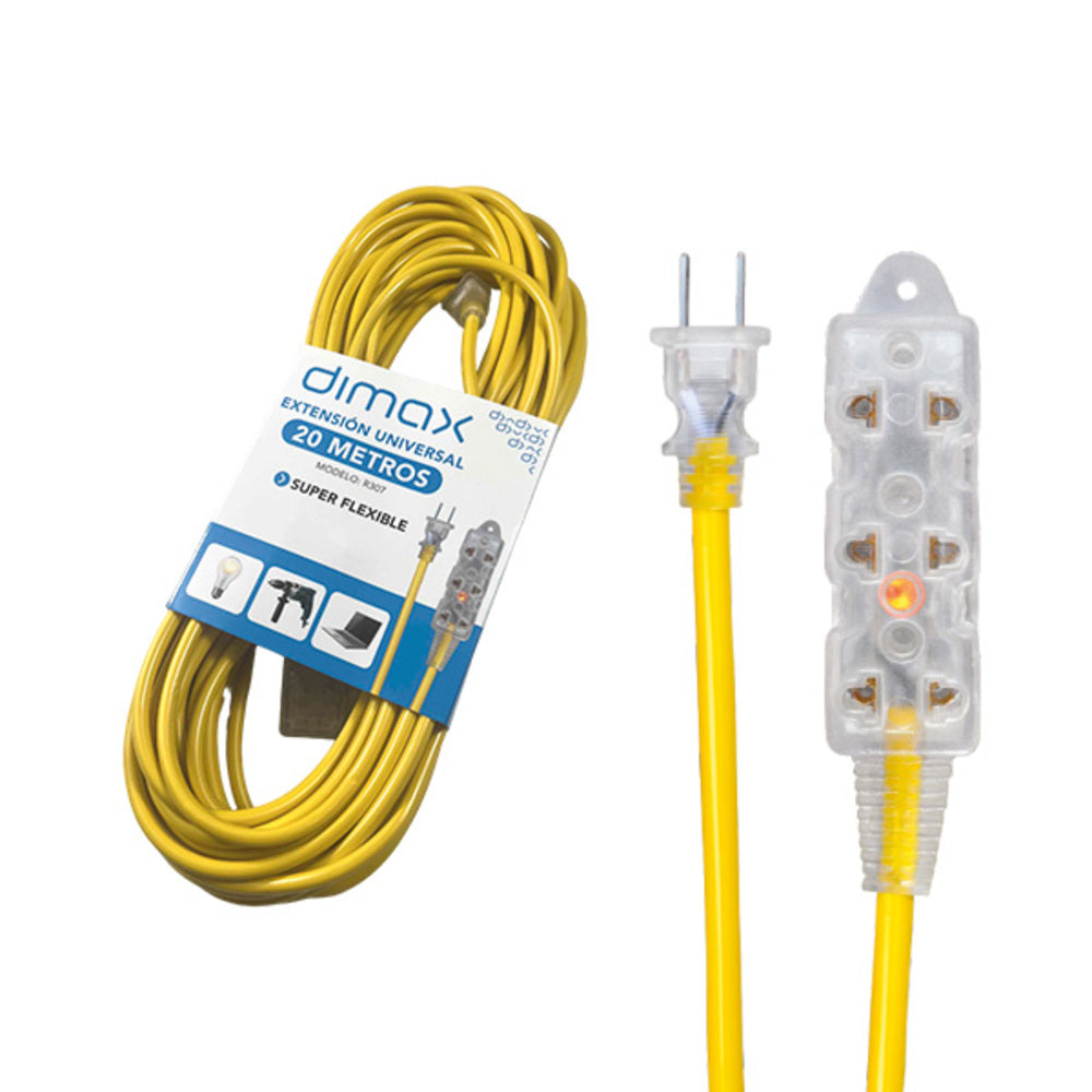 Extension Universal Dimax 20Metros Flexible con 3 Enchufes Universales Tipo B maximo 10Amp Clavija Plana R307