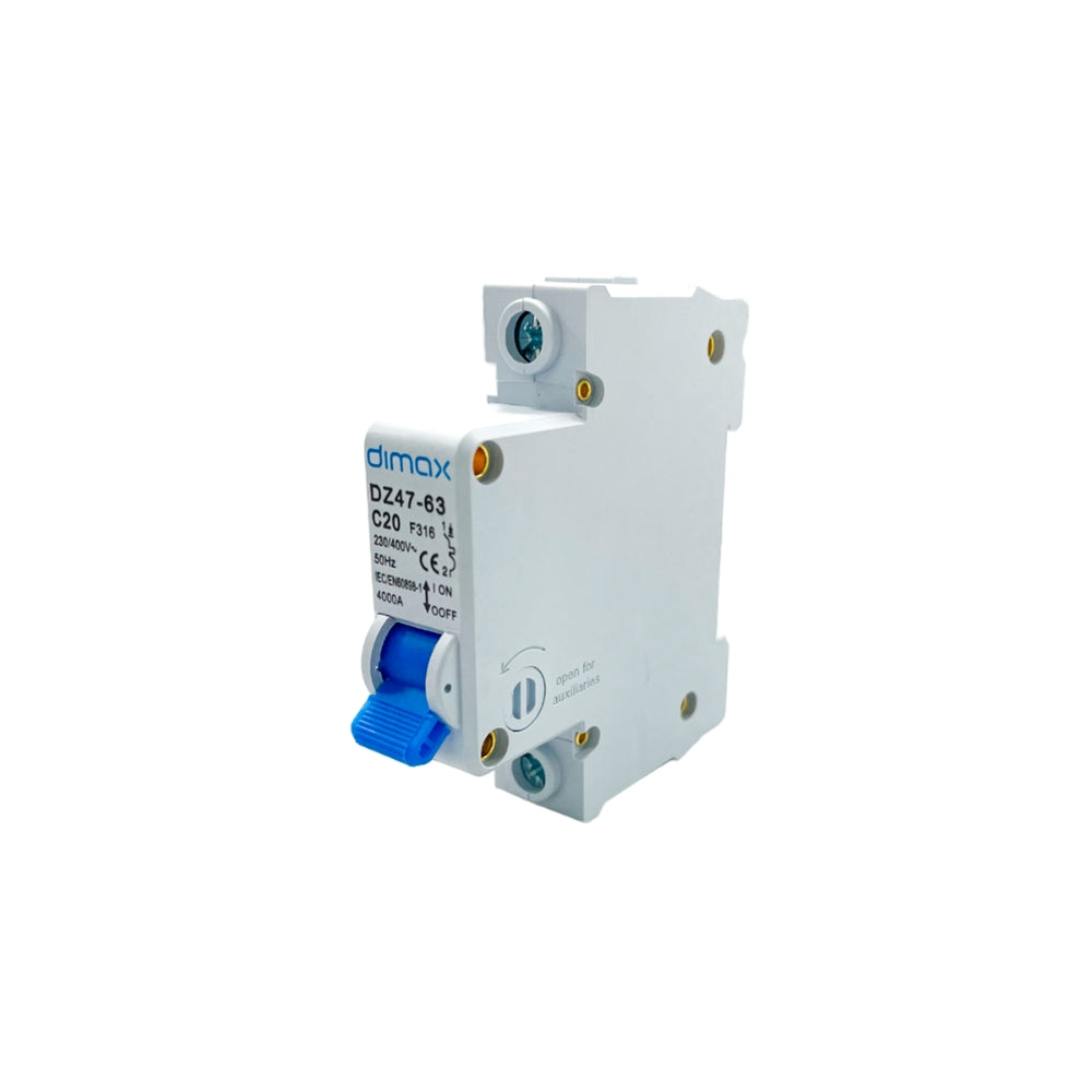 Disyuntor Electrico Dimax Unipolar de 20Amp GB10963 IEC898 BS3871 f316