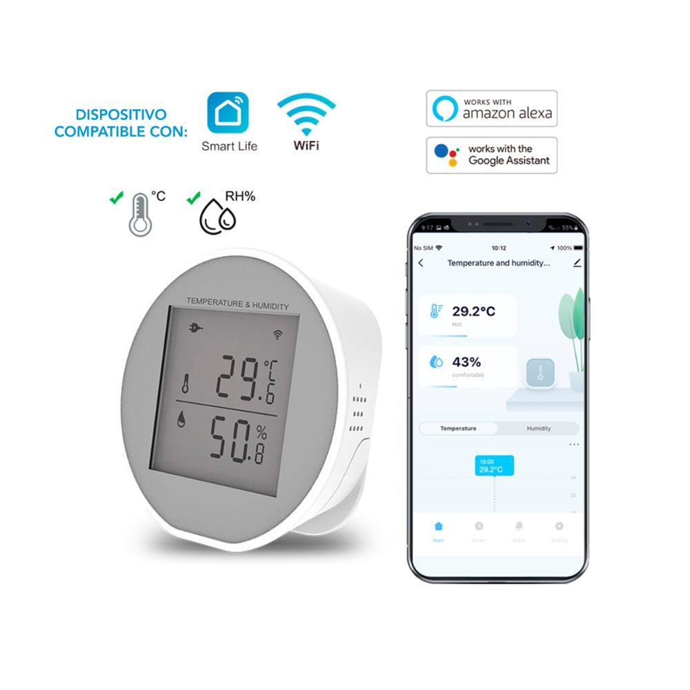 Sensor Dimax de Temperatura y Humedad Wifi Control por Voz Alexa y Google Pantalla con Reloj Digital Alimentacion USB y Pilas AAA S111