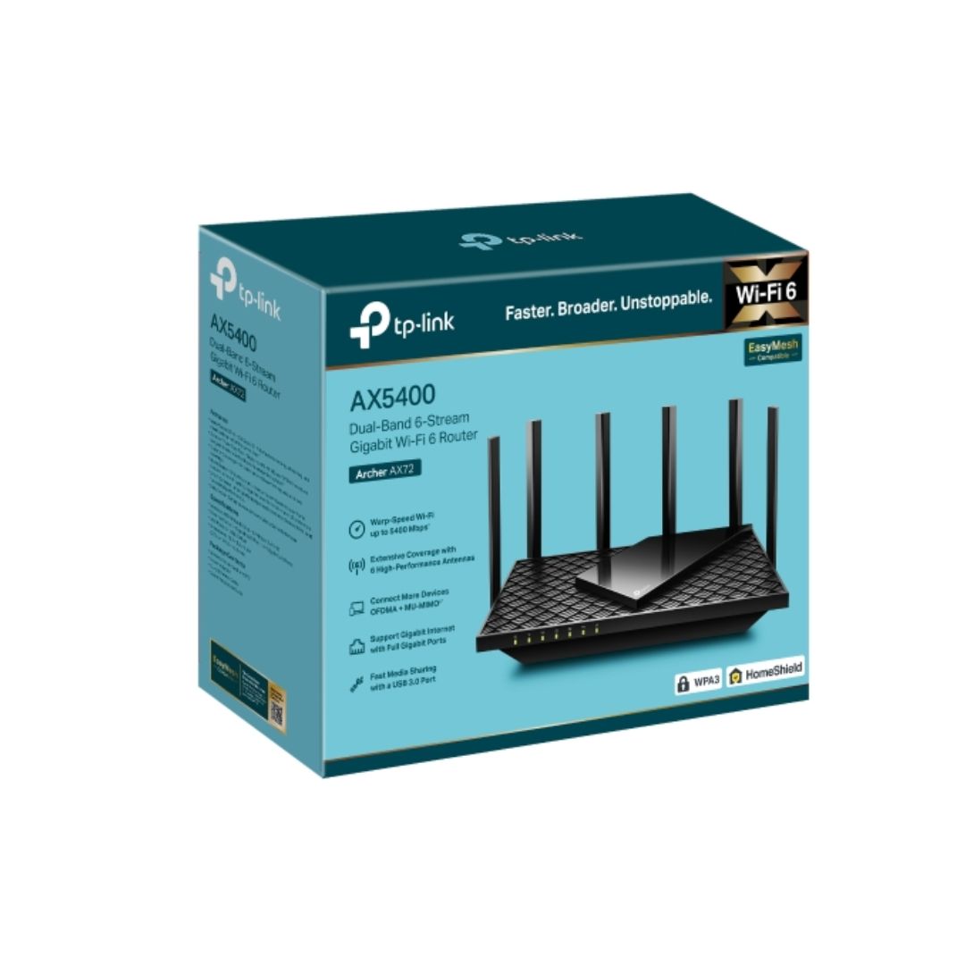 Router TP-Link Inalambrico AX5400 6 Antenas Doble Banda 2.4 y 5GHz 1xWAN 4xLAN MU-MIMO Hasta 100 Dispositivos ARCHER AX72