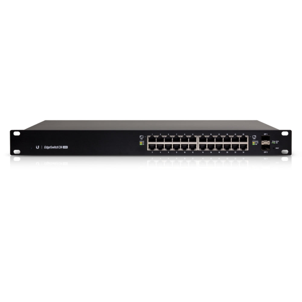 Edgeswitch Ubiquiti 2xSFP 24xEthernet Gigabit 1xConsola Capacidad 56GB Norma 802.3AF/AT Pasivo 24V Rackeable Forwarding 38.69Mpps Administrable UB-ES-24-250W