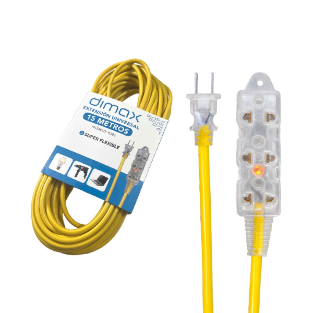 Extension Universal Dimax 15M Flexible con 3 Enchufes Universales Tipo B maximo 10Amp Clavija Plana R306