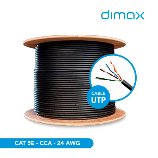 Cable Ethernet UTP Dimax Categoria 5E 24AWG Aleacion Longitud 305 Metros para Exterior Jacket PE color Negro con Carrete de Madera C711