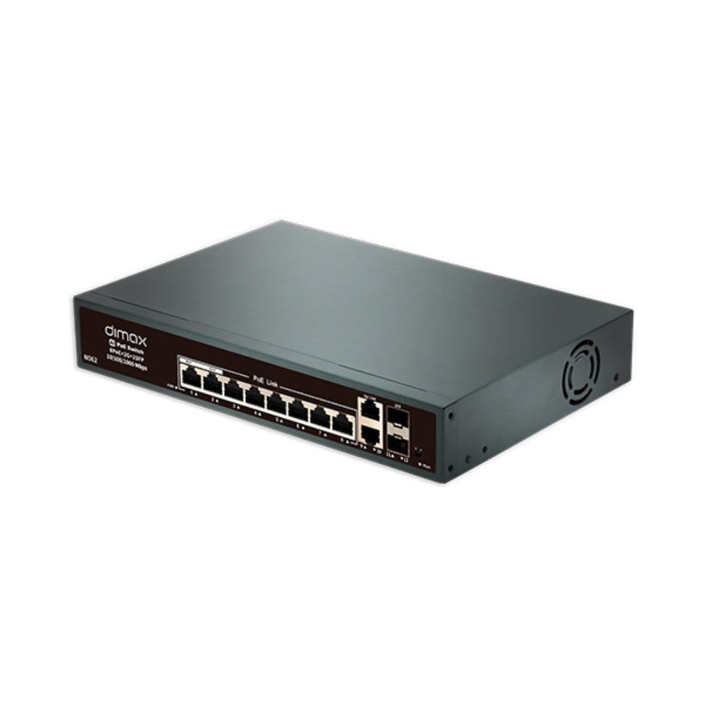 Switch Dimax de 8 Puertos 1Gbps 802.3AF/AT POE hasta 30W por puerto + 2 Enlaces UpLink 1Gbps + 2 Puertos SFP 1Gbps N062
