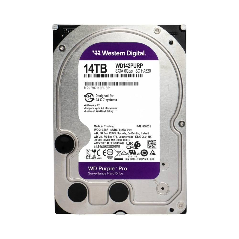 Disco Duro Western Digital Purpura Pro 14TB 7200RPM Sata 6Gbps 3.5" Trabajo 24/7 para Video Vigilancia con IA WD142PURP