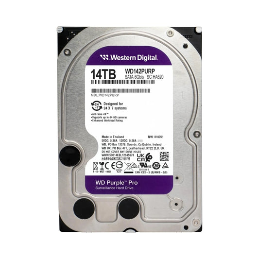 Disco Duro Western Digital Purpura Pro 14TB 7200RPM Sata 6Gbps 3.5" Trabajo 24/7 para Video Vigilancia con IA WD142PURP