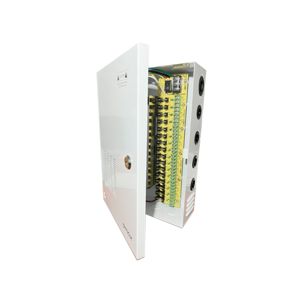 Fuente Supervisada Dimax 12Vdc 25Amp con 16 Salidas para Camaras Caja Metalica Fusible General y por Canal Proteccion contra Cortocircuito M010
