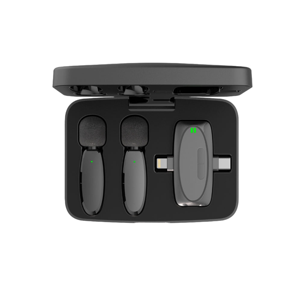 Microfono Dimax Inalambrico Doble con Receptor Triple puerto Lightning USB-C y Aux Bateria hasta 6 Horas Estuche Puerto USB-C V383