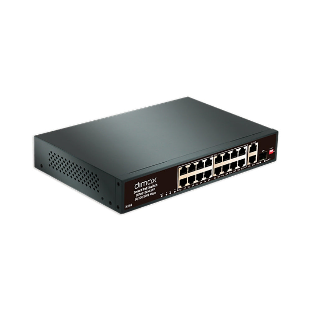 Switch Dimax de 16 Puertos 100Mbps 802.3AF/AT POE hasta 30W por puerto + 2 Enlaces UpLink 1Gbps + 1 Puerto SFP 1Gbps N061