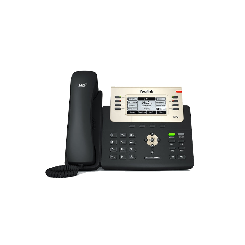 Telefono IP Yealink PoE 6xLineas SIP 2xPuertos Gigabit Pantalla 3.66" 8 Teclas Programables Conferencia 3 Vias Audio HD USB Incluye Fuente SIP-T27G