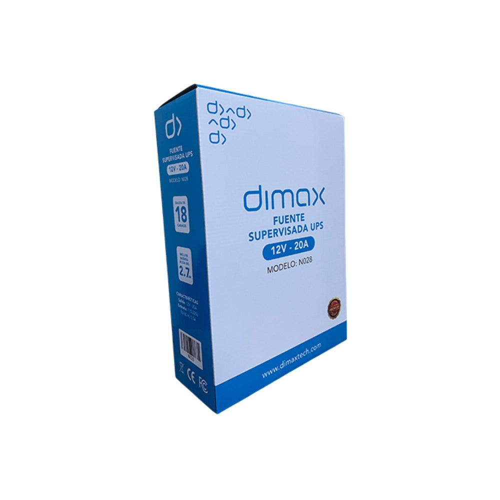 Fuente Supervisada Dimax 12Vdc 20Amp con 18 Salidas para Camaras Caja Metalica Fusible General y por Canal incluye Bateria 12Vdc 7Amp N028