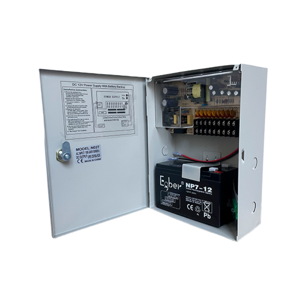 Fuente Supervisada Dimax 12Vdc 10Amp con 9 Salidas para Camaras Caja Metalica Fusible General y por Canal incluye Bateria 12Vdc 7Amp N027