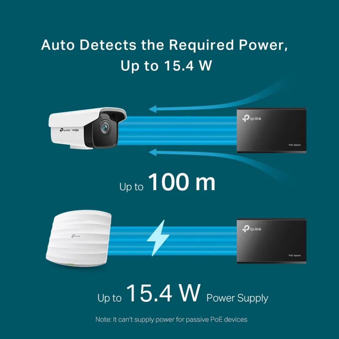 Inyector PoE TP-Link Norma 802.3AF 48Vdc 2 Puertos Gigabit Alcance 100Metros Incluye Adaptador de Voltaje POE150S