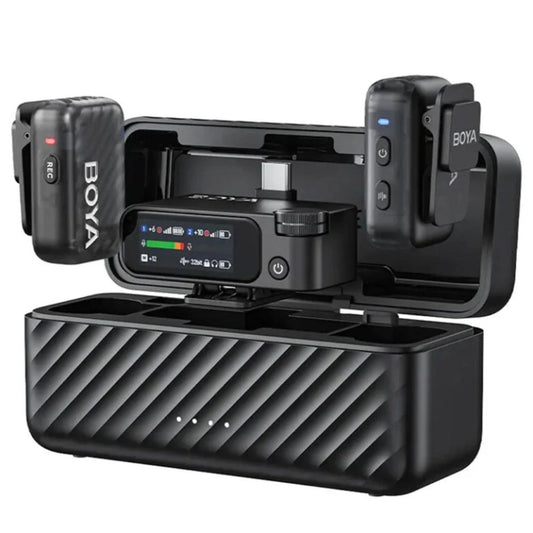 Microfono Inalambrico Boya Todo en Uno True AI Version Dual Simple Para Uso Profesional Cancelacion de Ruido hasta 40dB Almacenamiento interno 8GB BOYAMIC 2-02