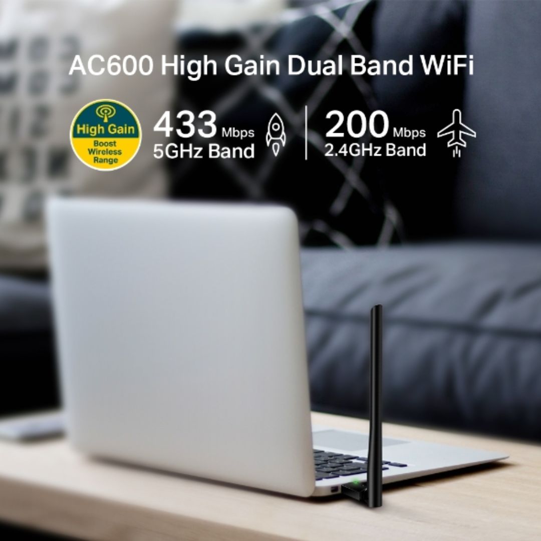 Adaptador USB a WiFi TP-Link AC600 Doble Banda Antena de 5dBi MultiDireccional ARCHER T2U PLUS