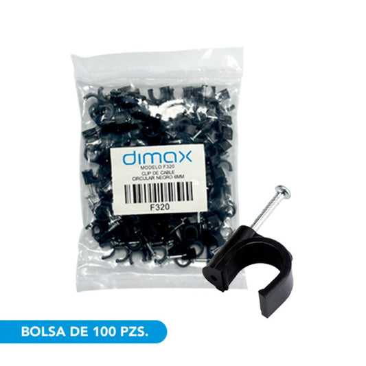 Clip Dimax para Sujecion de Cables Bolsa de 100 Piezas Medida 6mm color Negro f320