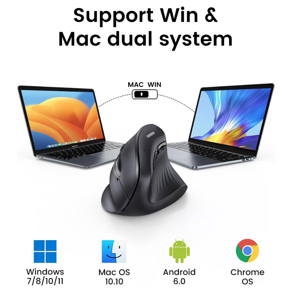 Mouse Ugreen Inalambrico Dual Vertical conecta hasta 3 Dispositivos en Simultaneo Bluetooth 5.0 y USB-A 2.4GHz compatible con Windows MAC Android y Chrome OS hasta 4000 DPI 25444