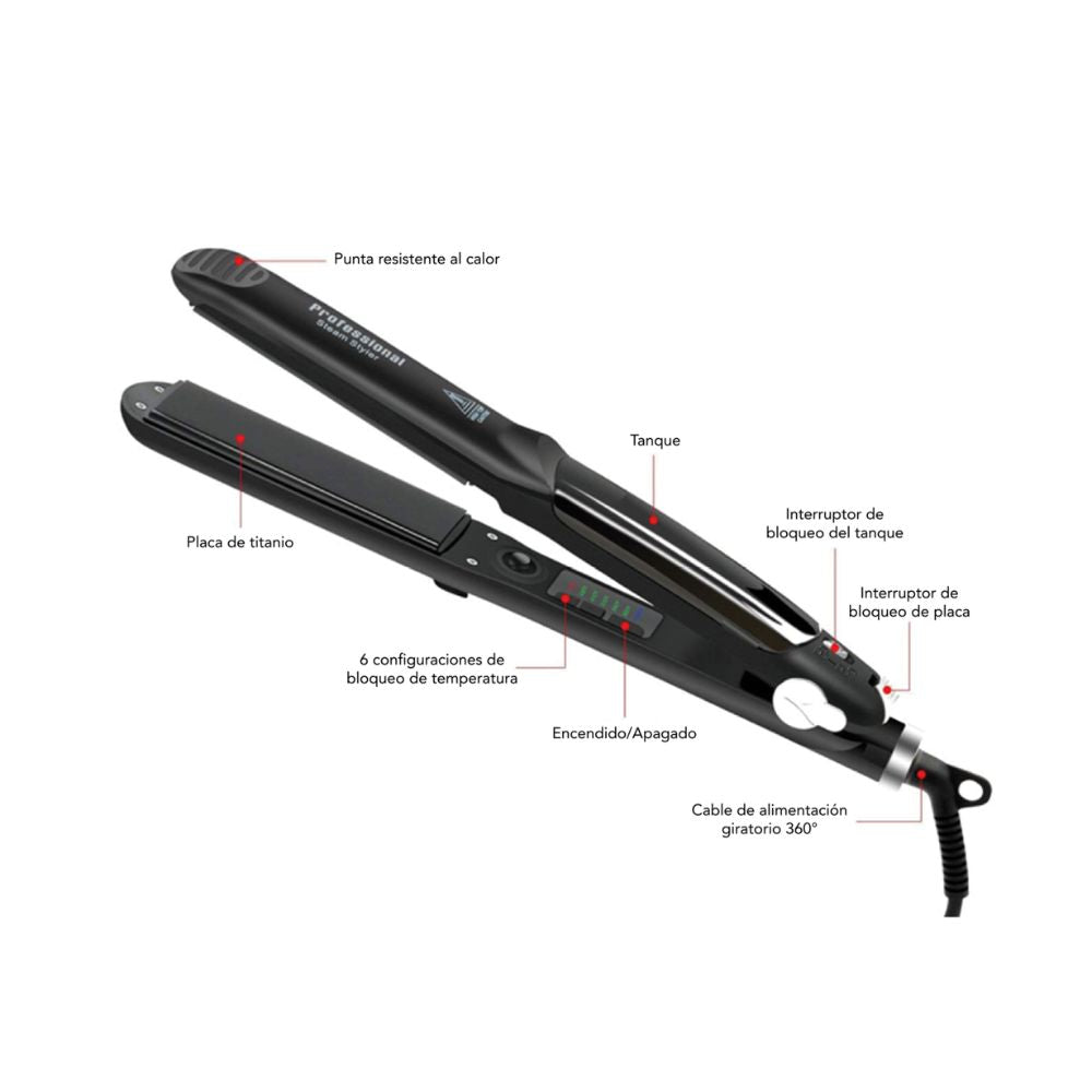 Plancha con Vaporizador para Cabello Dimax Indicador Luminoso LED Cable Giratorio 360° de 2.5metros Apagado Automatico Temperatura con 15 niveles N104