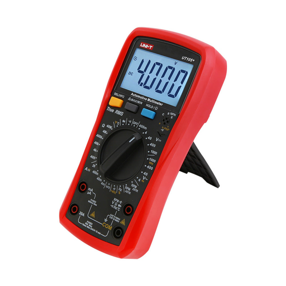 Multimetro Digital Uni-T Automotriz RMS Verdadero Voltaje Corriente Resistencia Capacitancia Frecuencia Temperatura VFC RPM UT105+
