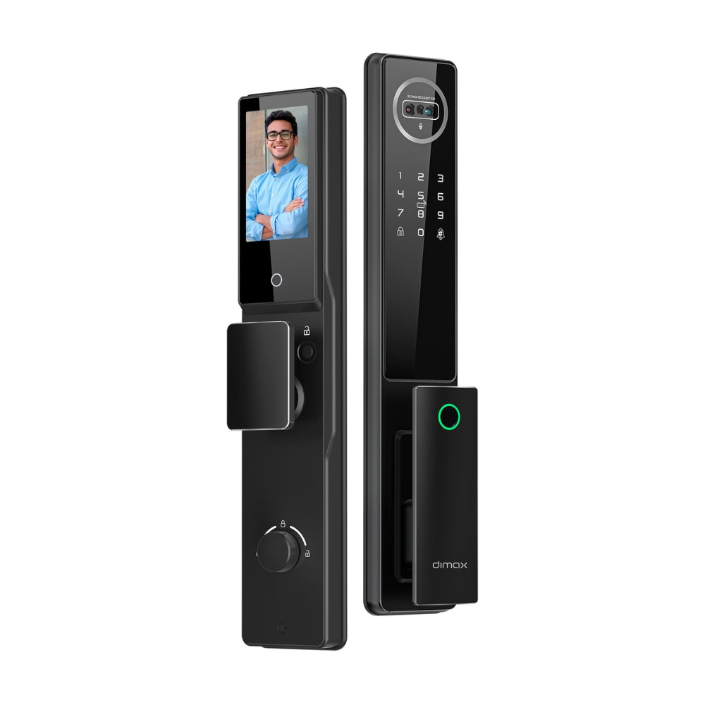 Cerradura Inteligente Dimax Aleacion de ALuminio Funcion Camara Funciona con APP Reconocimiento Facial 3D Huella Tarjeta Llave Contraseña Alimentacion Bateria Litio diseño Moderno Mortaja 6068 color Negro B030