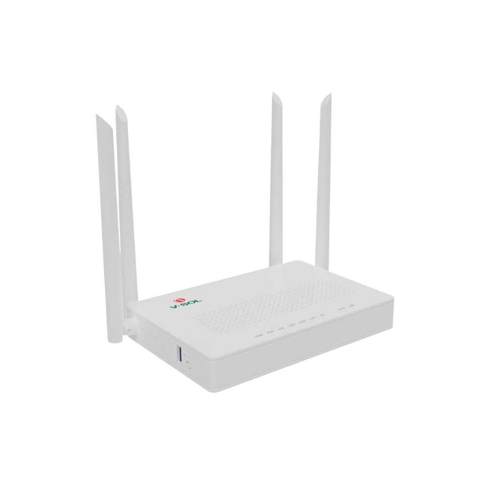 ONU V-Sol modo Dual XPON EPON GPON WiFi5 AC1200 2.4 y 5GHz XPON+2GE+WiFi5+USB 3.0+CATV RF Conector SC/APC 4xAntenas 5dBi IPv6 QoS L3 Firewall V2802ACT