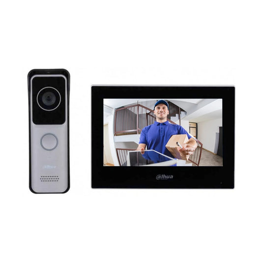 Kit de Video Portero Dahua IP WiFi Monitor 7" TFT 1024x600 Alarma 6I/1O POE Portero WiFi 2MP 1/2.8" CMOS Audio 2 vias Soporta 3000 Tarjetas Controla 1 Cerradura KTW02