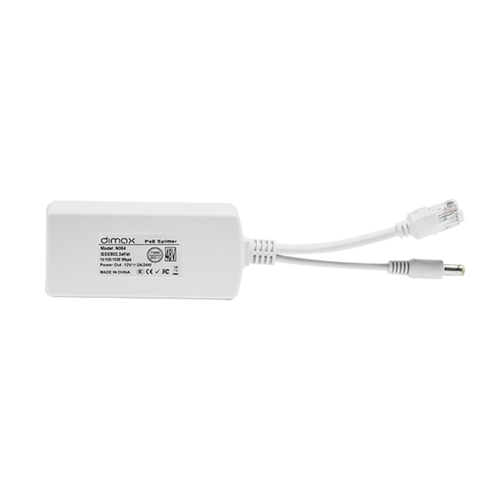 Splitter Dimax POE 1 Puerto LAN 10/100/1000 Mbps Entrada 33 a 57Vdc Salida 12Vdc 2Amp N064