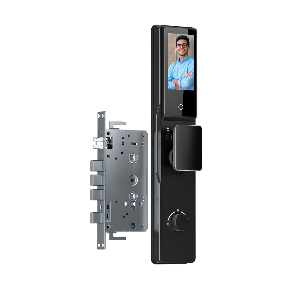 Cerradura Inteligente Dimax Aleacion de ALuminio Funcion Camara Funciona con APP Reconocimiento Facial 3D Huella Tarjeta Llave Contraseña Alimentacion Bateria Litio diseño Moderno Mortaja 6068 color Negro B030