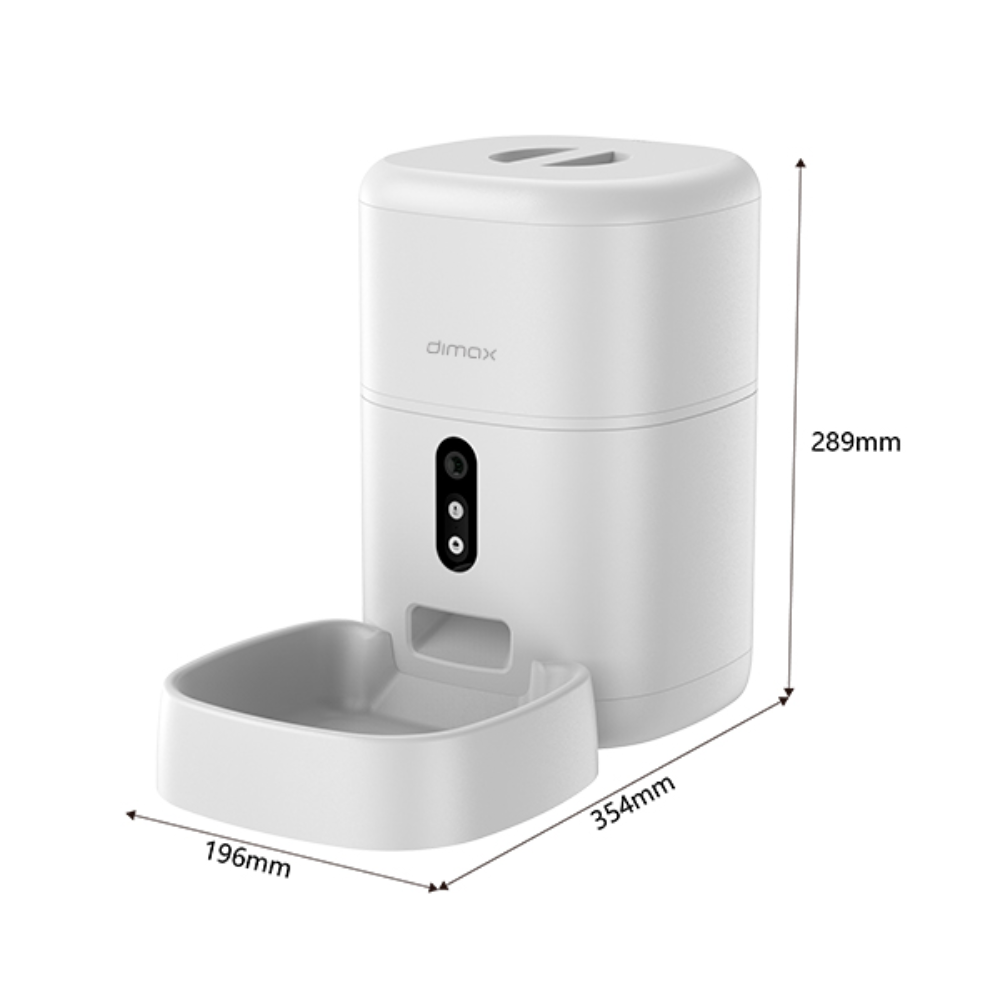 Alimentador Dimax Inteligente para Mascota Capacidad 4 Litros con Camara FHD de 3MP Vision Nocturna y Audio 2 Vias Alimentacion 220VAC y Pilas G107