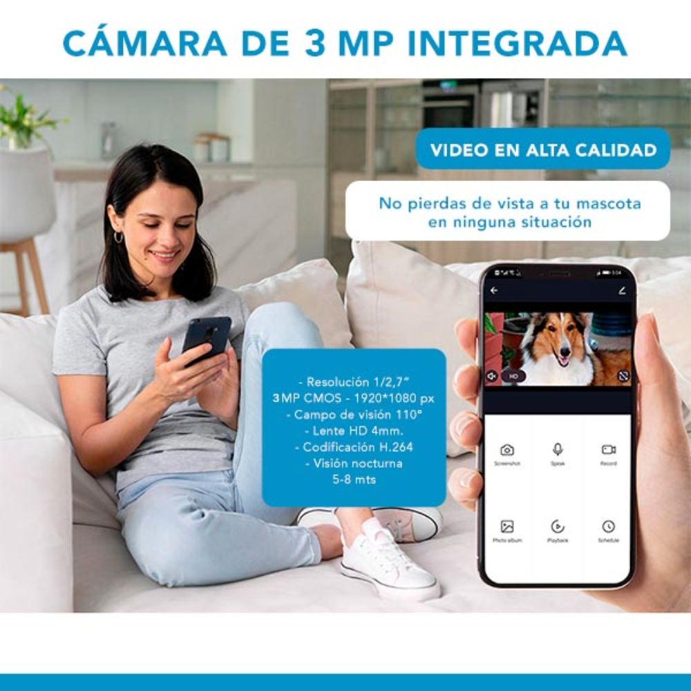 Alimentador Dimax Inteligente para Mascota Capacidad 4 Litros con Camara FHD de 3MP Vision Nocturna y Audio 2 Vias Alimentacion 220VAC y Pilas G107