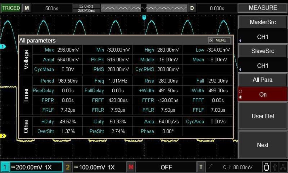 Osciloscopio Uni-t Digital Banda Ancha 100MHz 2 Canales Analogicos Tasa de Muestreo real 500MSa/s UTD2102CL+