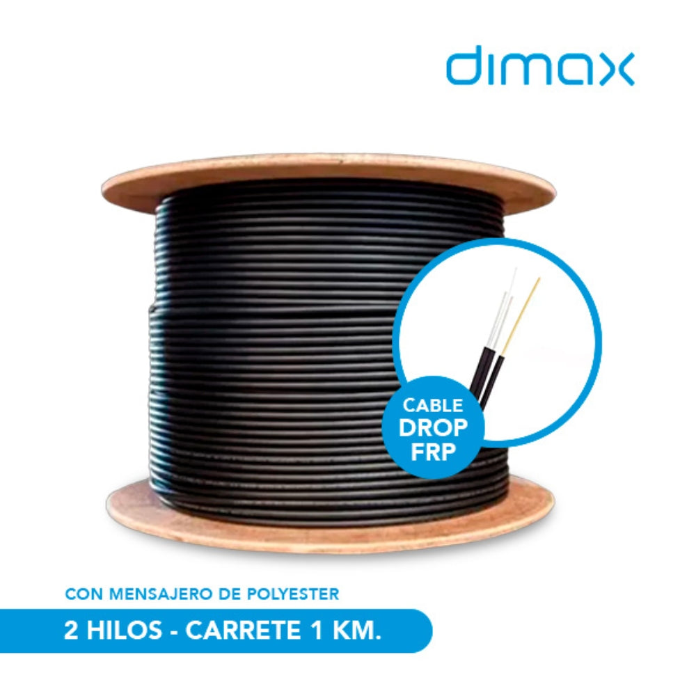 Cable Drop FRP Fibra de Vidrio Dimax 2 hilos con Mensajero de Acero G657A1 LSZH 2.0/5.0mm Carrete de 1KM C737