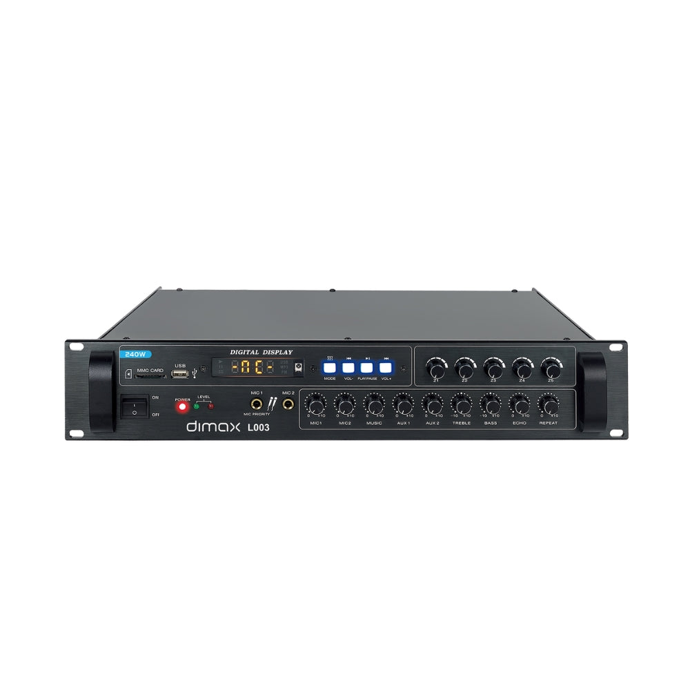 Amplificador Dimax para Megafonia 240 Watts Entrada 2CH MIC 2 Aux Agudos y Graves Ajustables 5 Zonas Funcion USB SD FM BT Indicador de Voz L003